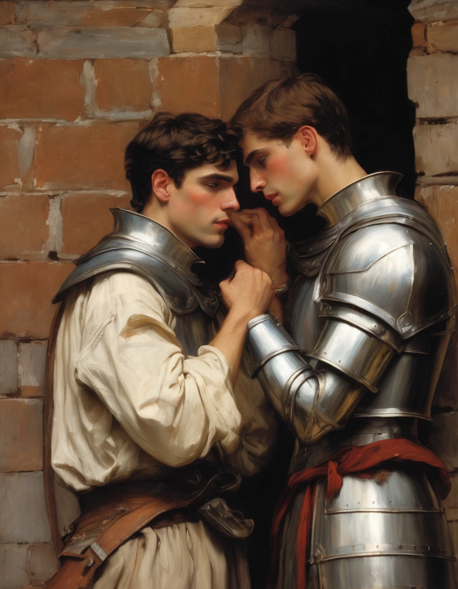 ((Masterpiece, best quality, oil painting)), (by John William Waterhouse, by J. C. Leyendecker), (((half body portrait of 2 young men, bored and frustrated knights, blushing, they are flirting and leaning lustfully while spying on someone through a wall))).