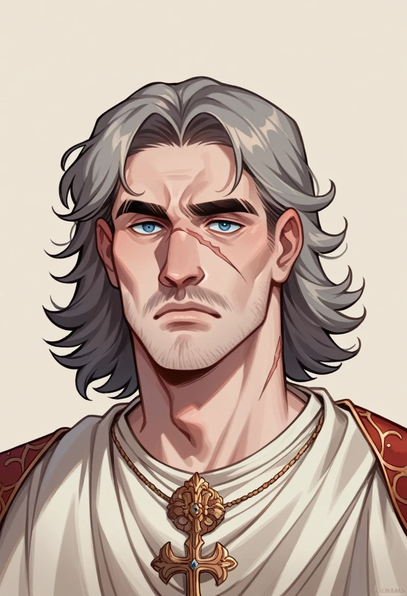 dressed in medieval merchant's clothing, Male, Human, , mesomorphic body, pale skin, chestnut hair, medium hair length, ordinary hairstyle, square face shape, almond eyes, full lips, medium eyebrows, high arch eyebrows shape, large nose size, Roman nose shape, scar.