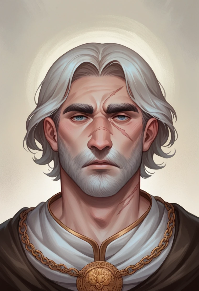 dressed in medieval merchant's clothing, Male, Human, 16 years old, mesomorphic body, pale skin, chestnut hair, medium hair length, ordinary hairstyle, square face shape, almond eyes, full lips, medium eyebrows, high arch eyebrows shape, large nose size, Roman nose shape, scar.