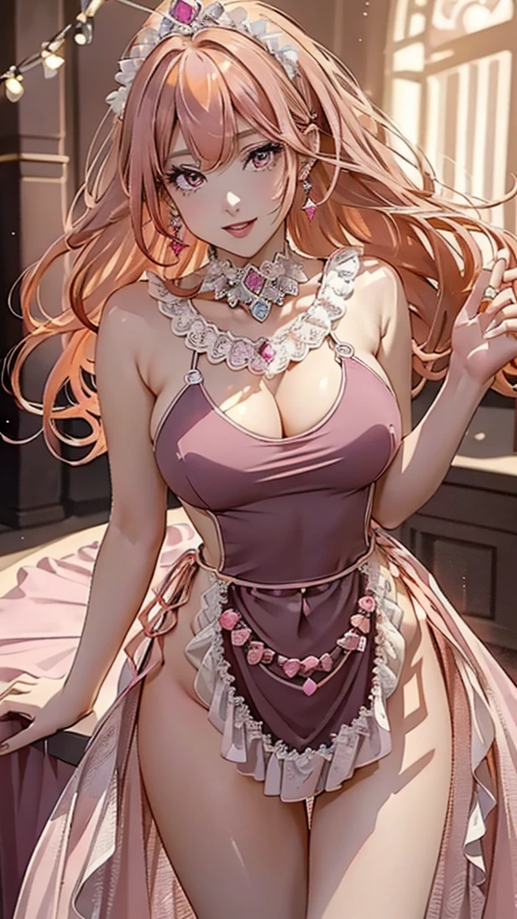 (((masterpiece, super high resolution, ultra HD, 8K quality))), (((((woman in shining dark pink colored evening dress))))), (((See-through revealing dress))), (((((orange pink colored Hair))))) , (((pony tail hair))), (((beautiful sparkling red eyes, pupils with highlights))), ((long bangs)), pink lips, sexy expression, ((highly detailed)), (perfectly detailed face), (detailed and carefully drawn hands), (((very Big Tits, cute smile))), photorealistic image, silver tiara and earrings, pearl necklace, jade bangle, diamond ring, Beautiful figure from the knees up, standing, beautiful pose

