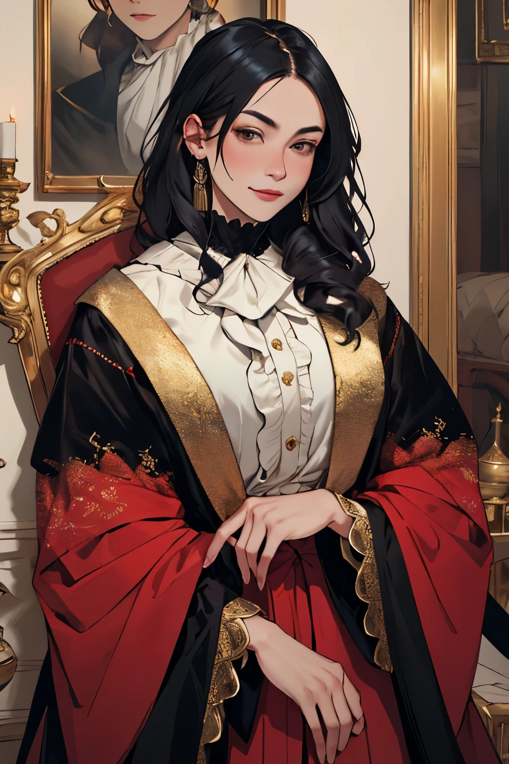 woman, 50 years, black hair, black eyes, aristocratic clothes, rough facial features, an aristocrat, gold elements on clothes, black and red clothes, European Clothing, Victorian mischief, warrior,