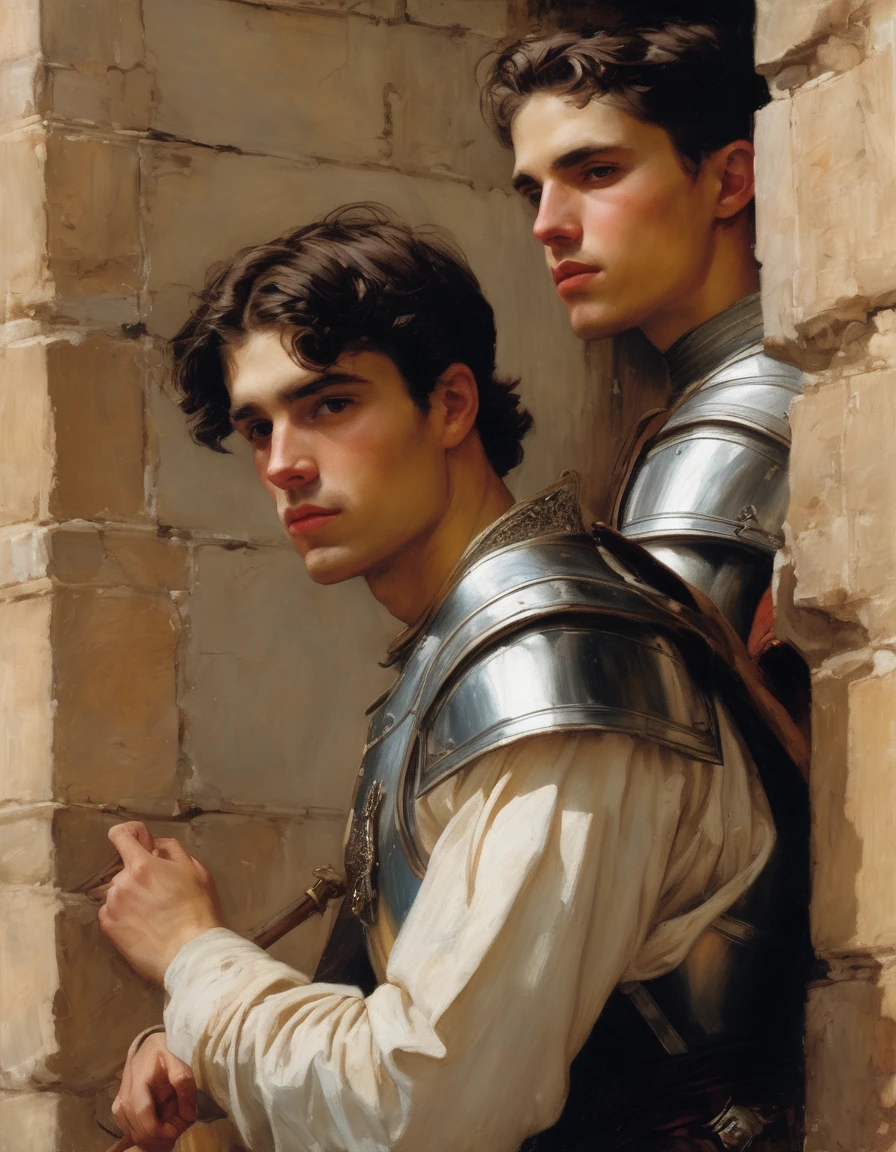 ((Masterpiece, best quality, oil painting)), (by John William Waterhouse, by J. C. Leyendecker), (((half body portrait of 2 young men, bored and frustrated knights, blushing, they are leaning lustfully while spying on someone through a wall))).