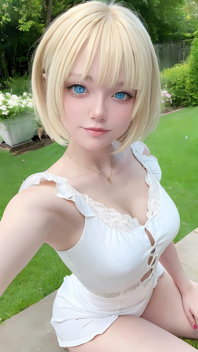 (masterpiece:1.2), (Highest quality:1.2),, Curvy but slender body, Perfect Eyes, Perfect Face, Perfect lighting, 1 girl, in the garden, (blouse),(I can see your feet),(whole bodyショット),(Frilled Skirt),(Bowl Cut),Curly Hair, Quality clothing, Detailed outdoor background, Compensate, eye shadow, Thick eyelashes, Fantasy, Looking at the audience, whole body、blue sky、Bright and very beautiful face、Young and shiny white glossy skin、The ultimate beauty、The most beautiful light blonde hair in the world、Thin Hair、short hair、Shiny beautiful bangs、Big, bright blue eyes、Very beautiful and lovely 18 year old, The most beautiful girl in the world、Small breasts, ((((Selfie))))、