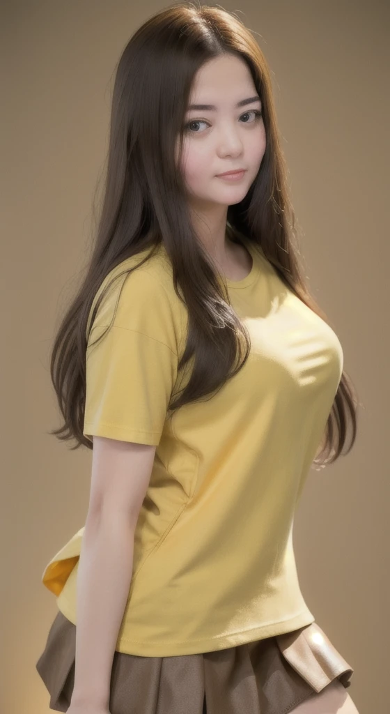 analog film photo solo, gstyle, realistic, ((Yellow shirt)), (((LONG hair))), (((happy512))), (((short skirt , t-shirt, and miniSKIRT.))), ((Simple Light brown background:1.3)), ((dynamic pose)), high detailed, 8k, clear facial features, skin zehragunes . faded film, desaturated, 35mm photo, grainy, vignette, vintage, Kodachrome, sleepy eyes, stained, highly detailed, found footage