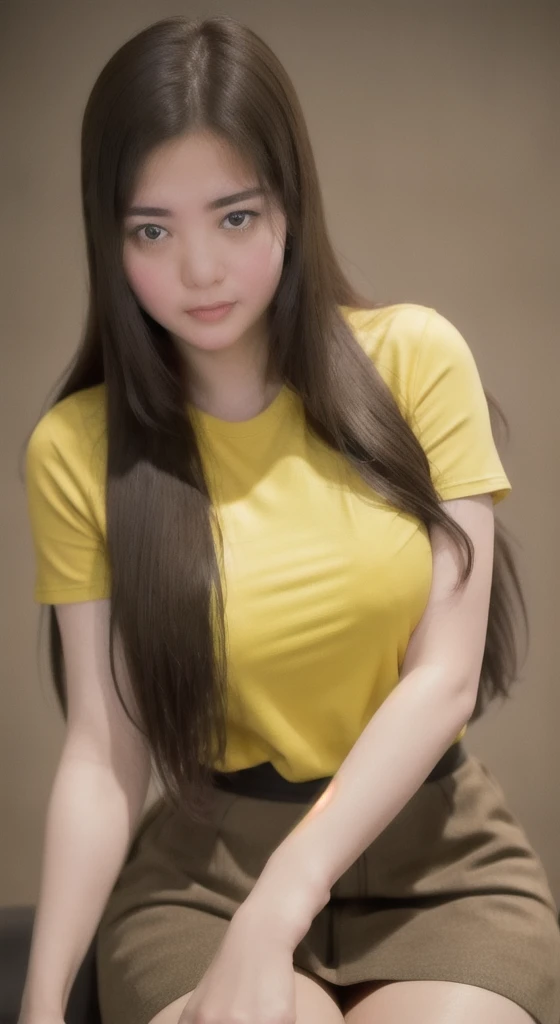 analog film photo solo, gstyle, realistic, ((Yellow shirt)), (((LONG hair))), (((happy512))), (((short skirt , t-shirt, and miniSKIRT.))), ((Simple Light brown background:1.3)), ((dynamic pose)), high detailed, 8k, clear facial features, skin zehragunes . faded film, desaturated, 35mm photo, grainy, vignette, vintage, Kodachrome, sleepy eyes, stained, highly detailed, found footage