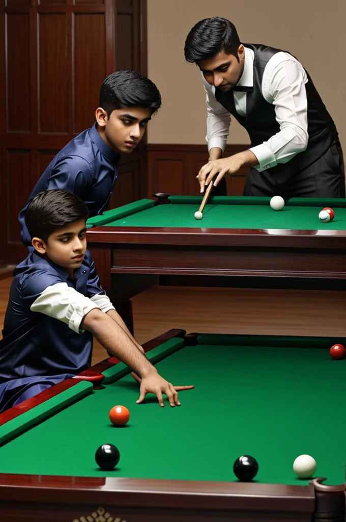 A pakistani boy age of 18 aiming black ball on snooker table