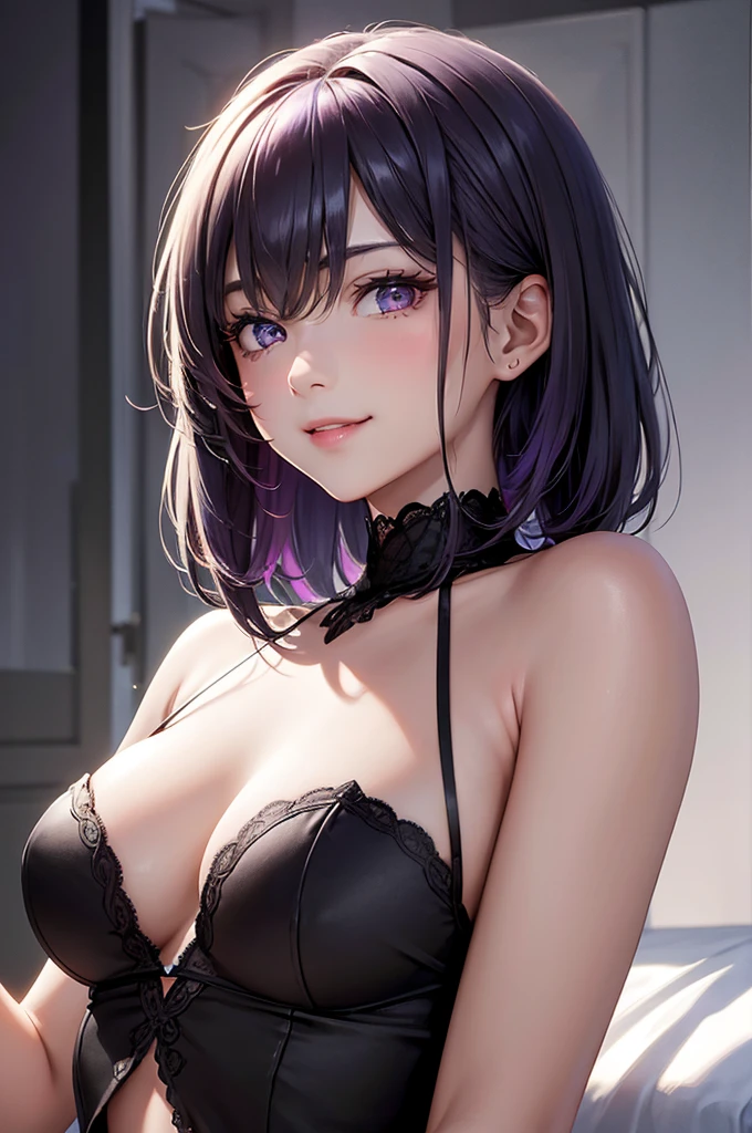 Best Quality,High resolution,8k,finelity detailed background,Masterpiece:1.2),beautiful girl,Shiny purple hair,bob cut,Purple Eyes,Gentle look,A refreshing look,Smiling Kindly,Best quality,Best Quality,Aesthetic and aesthetic:1.2,Best details((Super detailed))(High-definition CG illustrations),Upper Body,Dark grey underwear, (dark gray),Slender body,night,moon,Bedroom,On the bed,smile,blush,cute,Scrounge,Looking up,Being spoiled,super model,wariza,shoot from,below