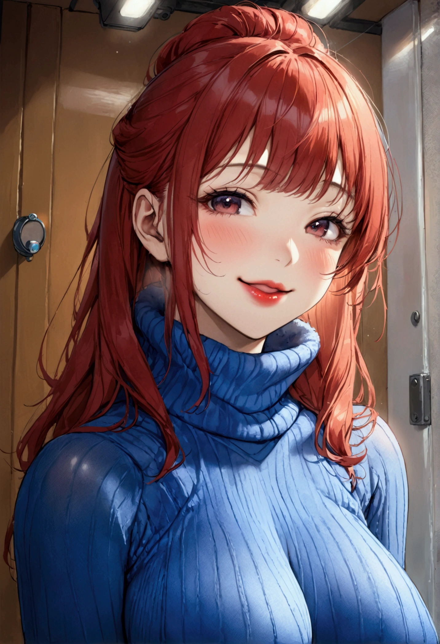 ((A aroused fertile feminine super-hot nympho vixen Chizuru Mizuhara 21 year old woman with perfect voluptuous meaty-brawny-Carneous-fleshy-beefy toned body figure, extreme firm firm firm accurately rounded 34DDD sized erected silicon breasts, covered erected nipples, erotic expressions on face, red lips, and straight red hair, bubble round butts, voluptuous thighs)), ((wearing an unwrinkled smooth extreme skintight turtleneck velour blue thick sweater with a belt and an extreme super skintight plush sumptuously velour luxuriously soft ribbed Winter Warm Thermal velvet Fleece Lined Women Leggings)), ((**standing in bdsm room and smiling, facing viewer, high quality, detailed face portrait, photorealistic, 8k, masterpiece vivid colors, warm lighting, intricate details, hentai, waifu, show full body view**))((low angle shot captured by IMAX camera))