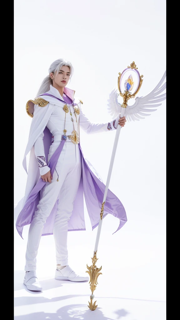 (absurdres, highres, ultra detailed, HDR), sailor cosmos male version, masterpiece, best quality, "Sailor moon cosmos guardians" Character handsome boy in white and purple outfit, long down pony tail hair, wearing long white cape, white hair, white top, white pants with white bots, in hands universe moon white wings scepter, long scepter, in his forehead gold moon symbol, White gloves up to his elbows, with full body, realistic picture, handsome boy, male, white hair male guardian, two hands, two legs,