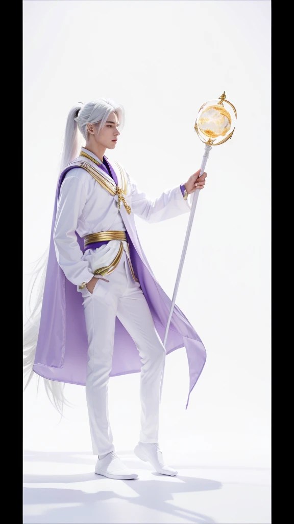 (absurdres, highres, ultra detailed, HDR), sailor cosmos male version, masterpiece, best quality, "Sailor moon cosmos guardians" Character handsome boy in white and purple outfit, long down pony tail hair, wearing long white cape, white hair, white top, white pants with white bots, in hands universe moon white wings scepter, long scepter, in his forehead gold moon symbol, White gloves up to his elbows, with full body, realistic picture, handsome boy, male, white hair male guardian, two hands, two legs, 