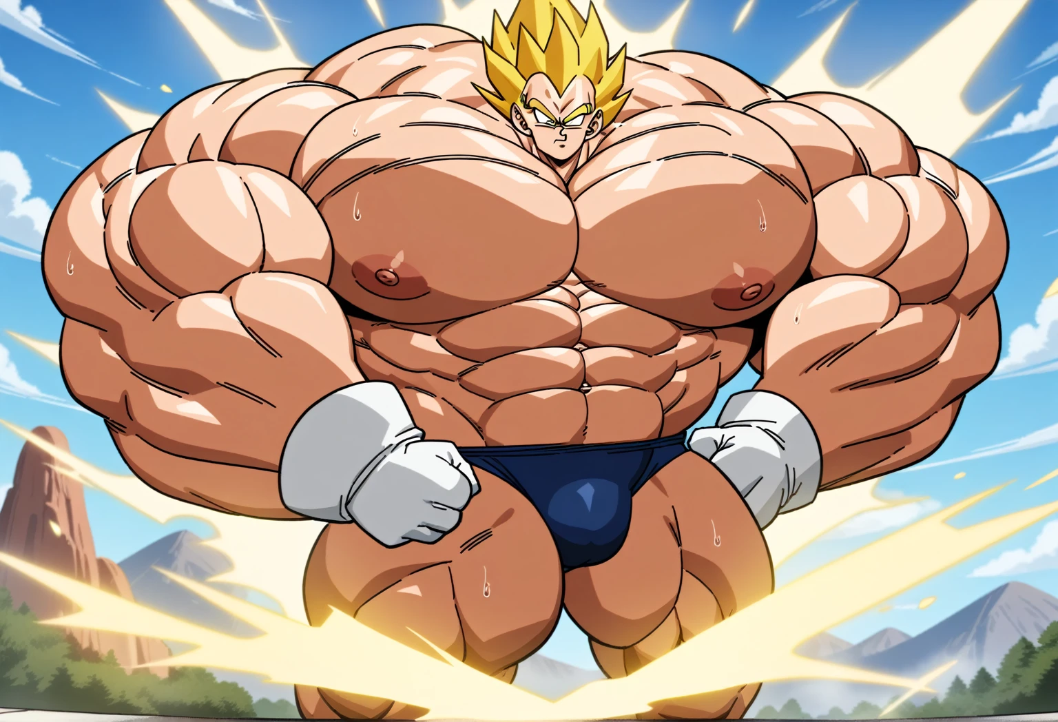 1boy, Vegeta, from Dragon Ball Z, masterpiece, best quality, very aesthetic, absurdres, saiyan, green eyes, spiked hair, (yellow hair:1.5), shirtless, blue skintight pants, white gloves, (huge muscles:2.5), dragonballartstyle, in the style of Akira Toriyama, white tiled floor, outdoors, flat-top mountains, , yellow aura, electricity, (blue skintight pants:1.5)