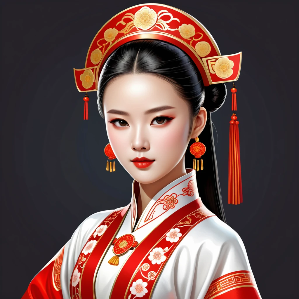 female android in chinese folk outfit, vector graphics, strong contours, logo design
