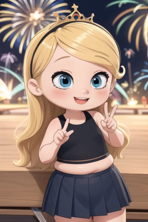 ((masterpiece, best quality)),1 fat girl, body plus, solo,, yellow princess tiara, penny peterson, long blonde hair, blue eyes, black sleeveless crop top, black pleated skirt, white trimmings a cute smile, excited, laughing, kawaii, peace sign, vibrant, rainbows, 4k, blue bubbles, stars, fireworks, best shadows, watercolor,