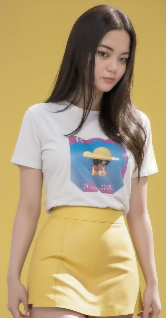 analog film photo solo, gstyle, realistic, ((PUNK shirt)), (((LONG hair))), (((happy512))), (((short skirt , t-shirt, and miniSKIRT.))), ((Simple Light Yellow background:1.3)), ((dynamic pose)), high detailed, 8k, clear facial features, skin zehragunes . faded film, desaturated, 35mm photo, grainy, vignette, vintage, Kodachrome, sleepy eyes, stained, highly detailed, found footage