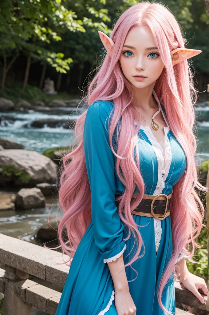 Woman, long wavy hair, pink hair, blue eyes, elf