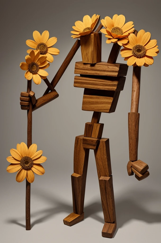 A person in the shape of a flower, his body is made of stick and his arms are made of wood and he has a square mouth.