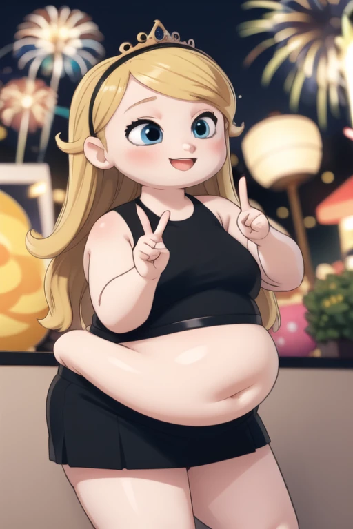((masterpiece, best quality)),1 fat girl, body plus, solo,, yellow princess tiara, penny peterson, long blonde hair, blue eyes, black sleeveless crop top, black pleated skirt, white trimmings a cute smile, excited, laughing, kawaii, peace sign, vibrant, rainbows, 4k, blue bubbles, stars, fireworks, best shadows, watercolor,