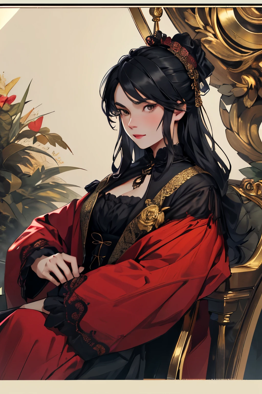 woman, 20 years, black hair, black eyes, aristocratic clothes, rough facial features, an aristocrat, gold elements on clothes, black and red clothes, European Clothing, Victorian era, warrior,