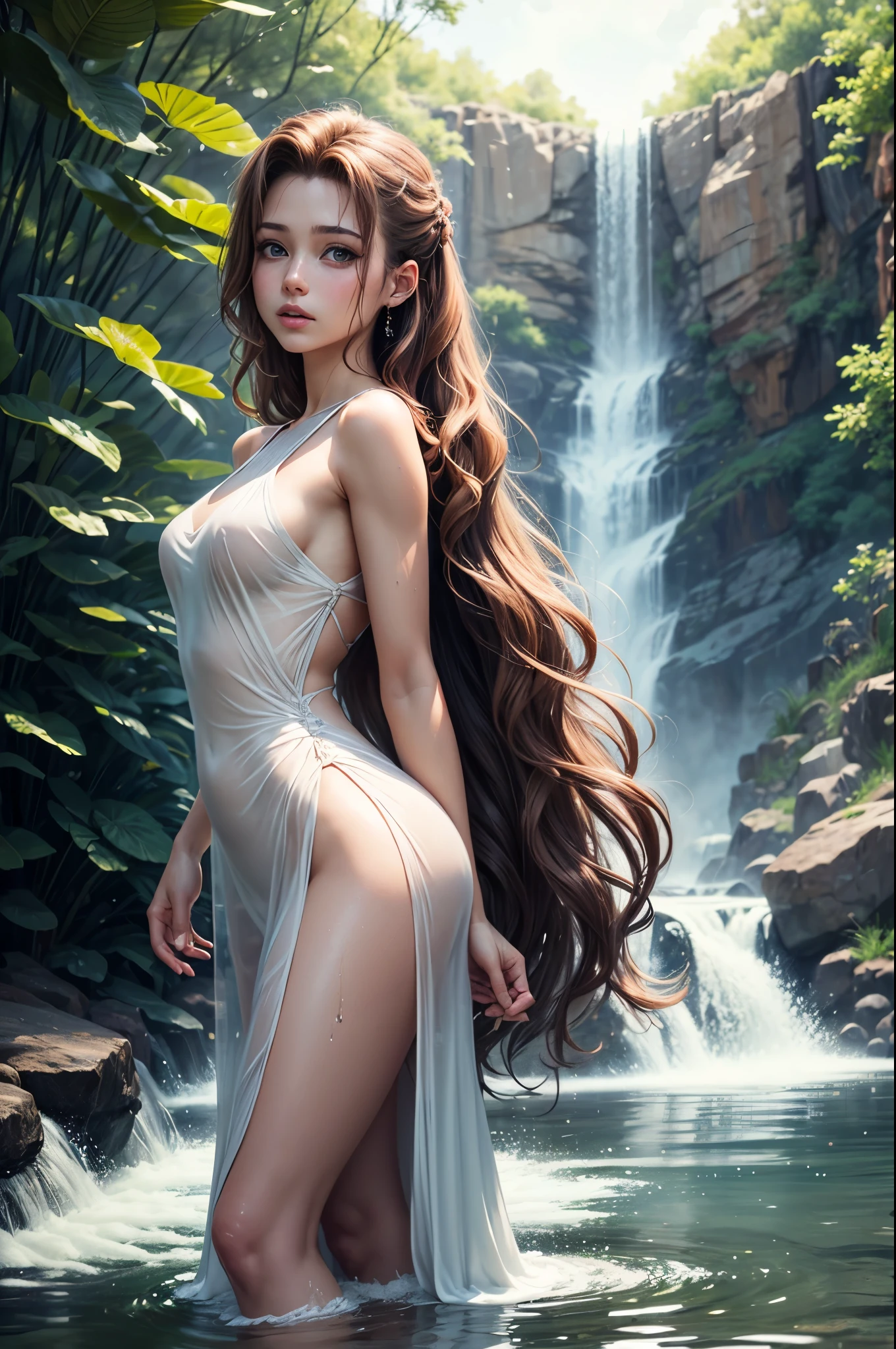 (Realisttic:1.2), analog photo style, (cute woman, posing in front of a waterfall), wearing in a long dress made of water, transparent wet dress, long waves hair, washing in the waterfall, standing in the waterfall, playing with waterdrops, water backdrops, perfect anatomy, great quality, Masterpiece, intricate slim body, ethereal  aesthetic, 16k quality, analog photo style, RAW photo