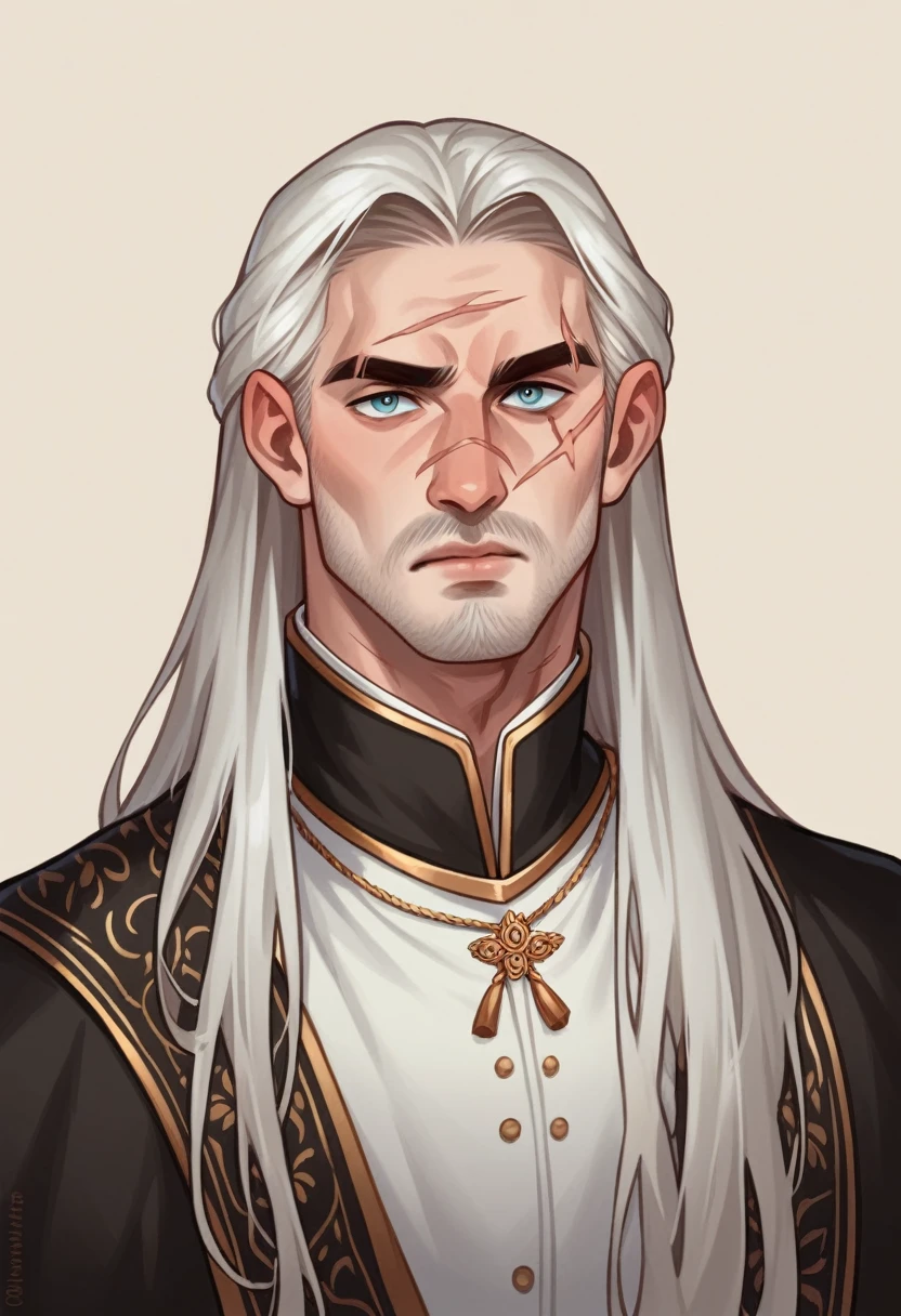 dressed in medieval merchant's clothing, a teenager, Male, Human, 16 years old, mesomorphic body, pale skin, chestnut hair, long hair length, ordinary hairstyle, square face shape, almond eyes, full lips, medium eyebrows, high arch eyebrows shape, large nose size, Roman nose shape, scar.