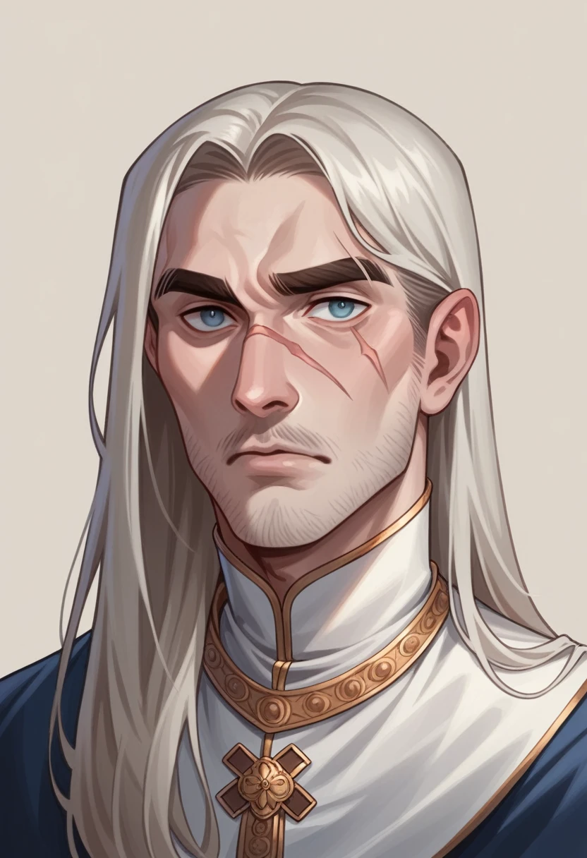dressed in medieval merchant's clothing, a ager, Male, Human, 16 ysomorphic body, pale skin, chestnut hair, long hair length, ordinary hairstyle, square face shape, almond eyes, full lips, medium eyebrows, high arch eyebrows shape, large nose size, Roman nose shape, scar.