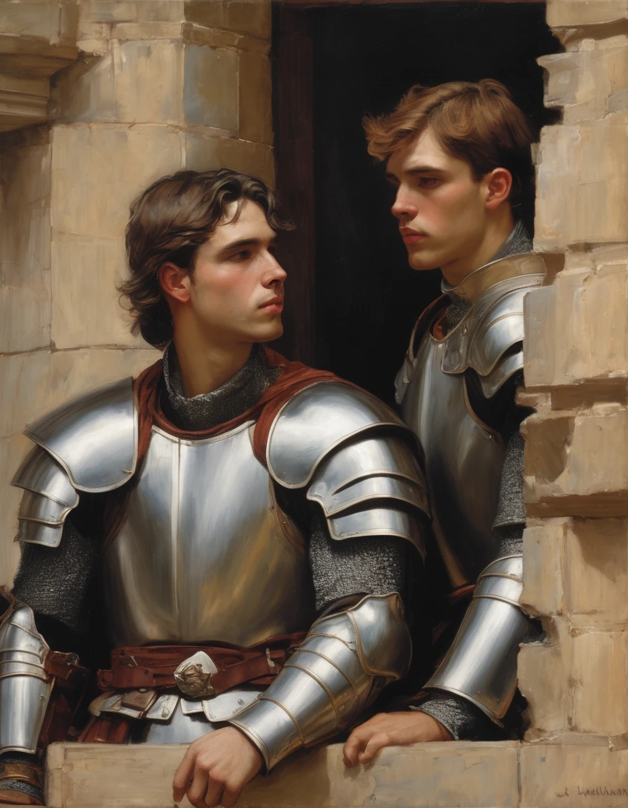 ((Masterpiece, best quality, oil painting)), (by John William Waterhouse, by J. C. Leyendecker), (((half body portrait of 2 young men, bored and frustrated knights, blushing, they are leaning lustfully, spying on someone through a wall))).