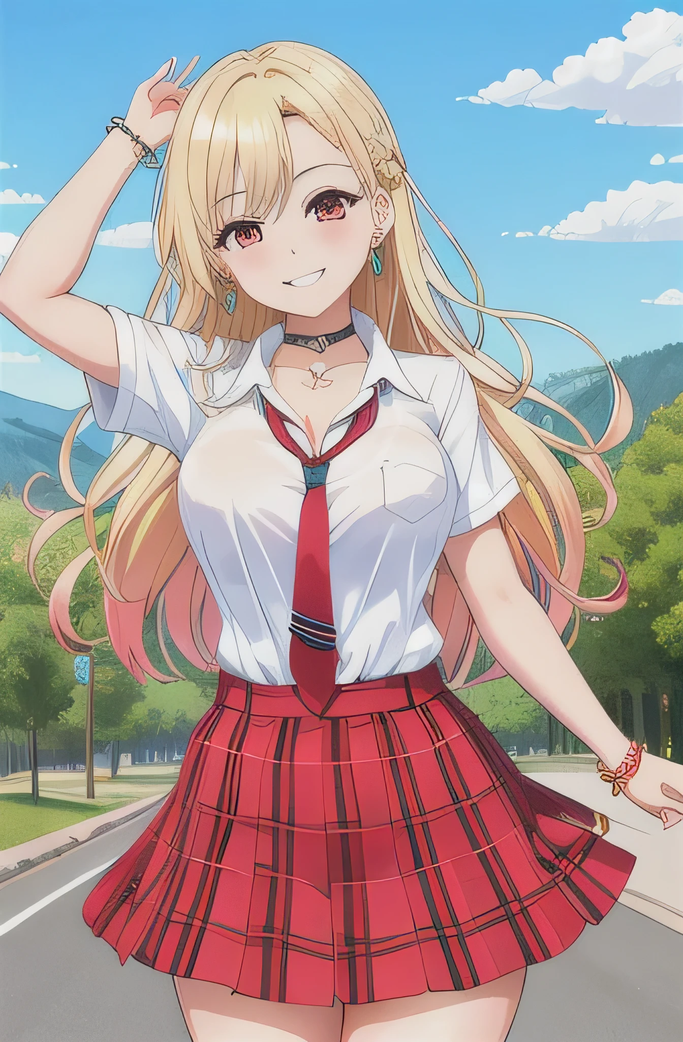 masterpiece, best quality, highres, kitagawa marin, 1girl, blonde hair, long hair, multicolored hair, red eyes, jewelry, earrings, piercing, , white shirt, tied shirt, black choker, blue necktie, plaid skirt, grin, smile, standing, cowboy shot, outdoors, 