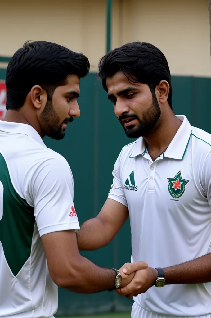 Pakiatani cricket player and boy faizy is writed on the shirt of boy hand shaking