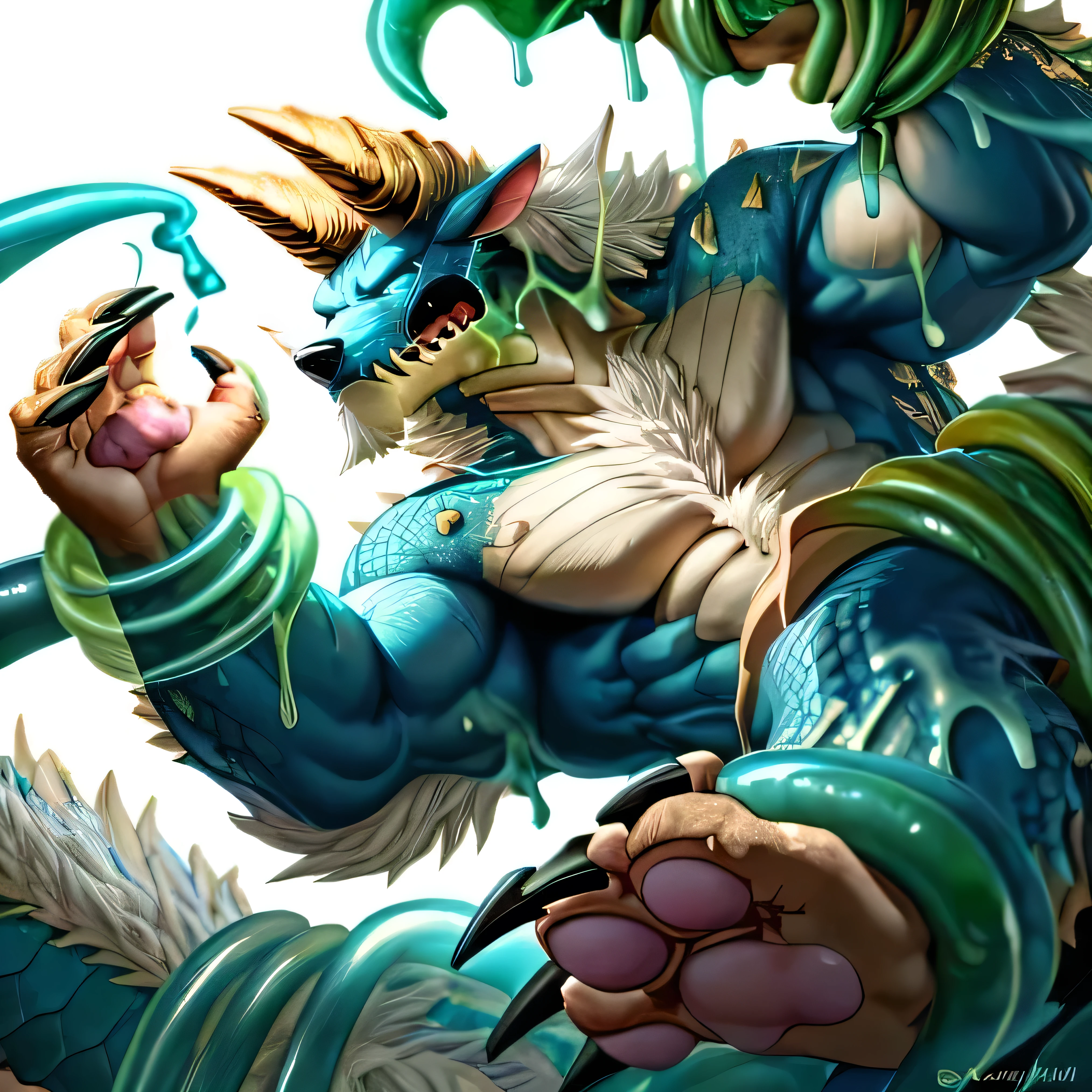 anthropology,(zinogre:1.2),Tail,((whole body,blue eyes, Blue body, White furry, Yellow Hand, Feet, Blue face,4 toes,Tail )),,muscular, whole body, (author：null-ghost,From raccoon21,masterpiece,high quality), Night Fight,((boundary)), rest (((Slime monster uses tentacles to fight dragon))，4 toes，struggle, (pain:1.3)，frown，annoyed, Worry,full body,pawpads,((horns))