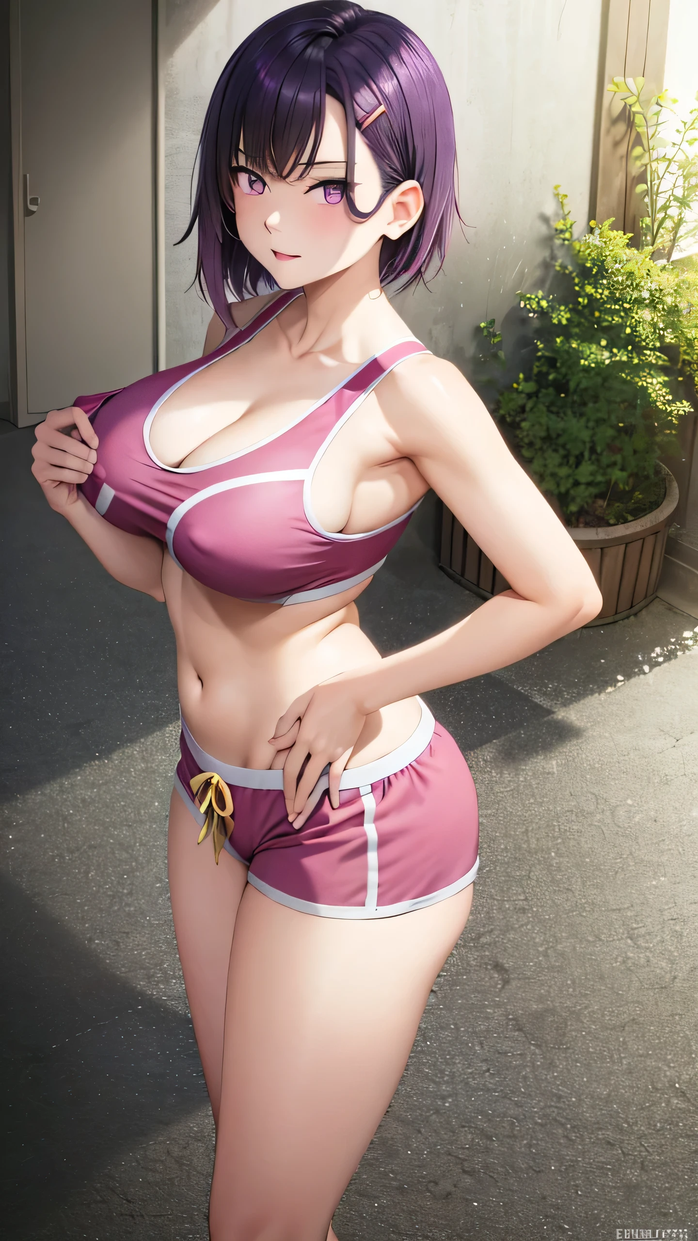 Masterpiece、top-quality、girl1、ultra-detailliert、Mikazuki Shizuka　Purple hair、short-hair、hair clips　Purple Eyes　red blush　Sportsbra、shortpants　cleavage of the breast、Soft thighs、Beautiful belly、muscular body　Boldly open legs