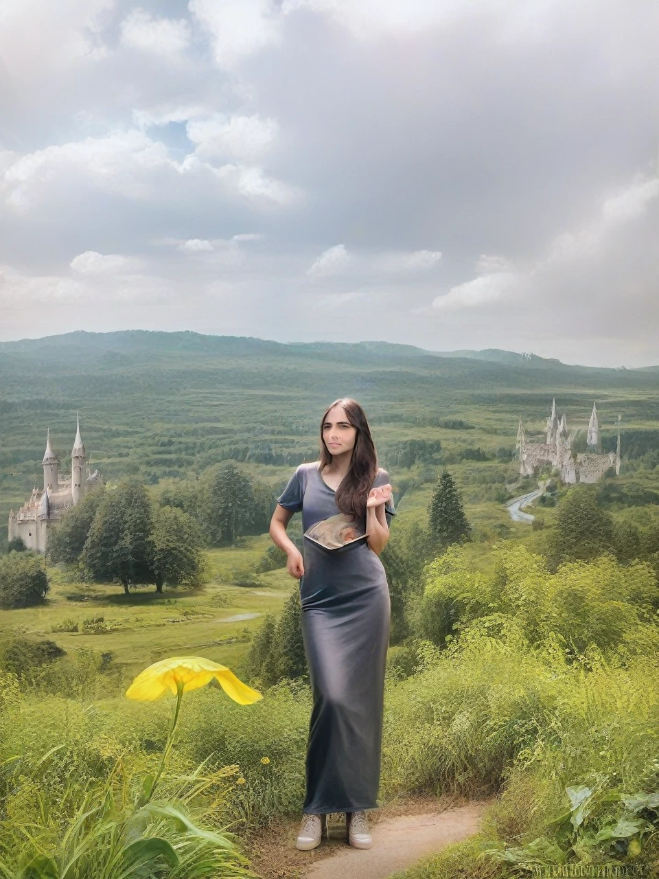 a lush, verdant castle in the background, fantasy medieval castle, detailed architecture, towers and turrets, surrounded by dense forest, sunlight filtering through the trees, vibrant green foliage, tranquil lake, reflections on the water, beautiful detailed sky with clouds, warm golden hour lighting, (best quality,4k,8k,highres,masterpiece:1.2),ultra-detailed,(realistic,photorealistic,photo-realistic:1.37),landscape,dramatic,cinematic