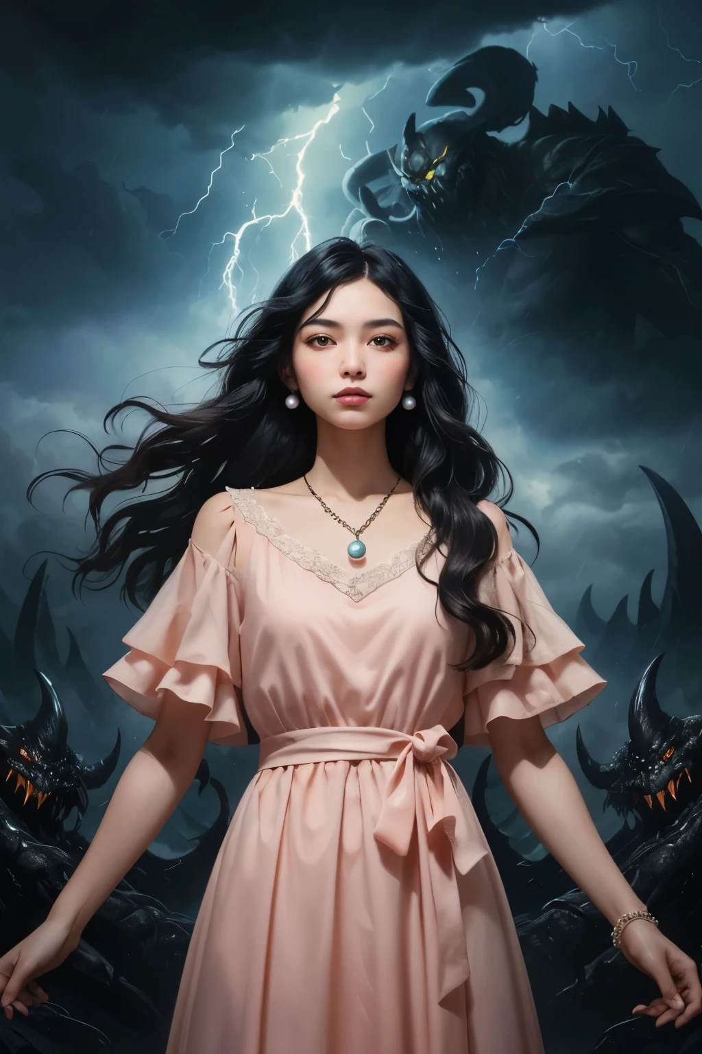 ((best quality)), ((masterpiece)), (detailed), A digital illustration of a young woman in peach color dress with long black hair wearing a pearl locket surrounded by dark storm clouds and monsters. She has a positive energy above her and a word Jimni girl is written at center