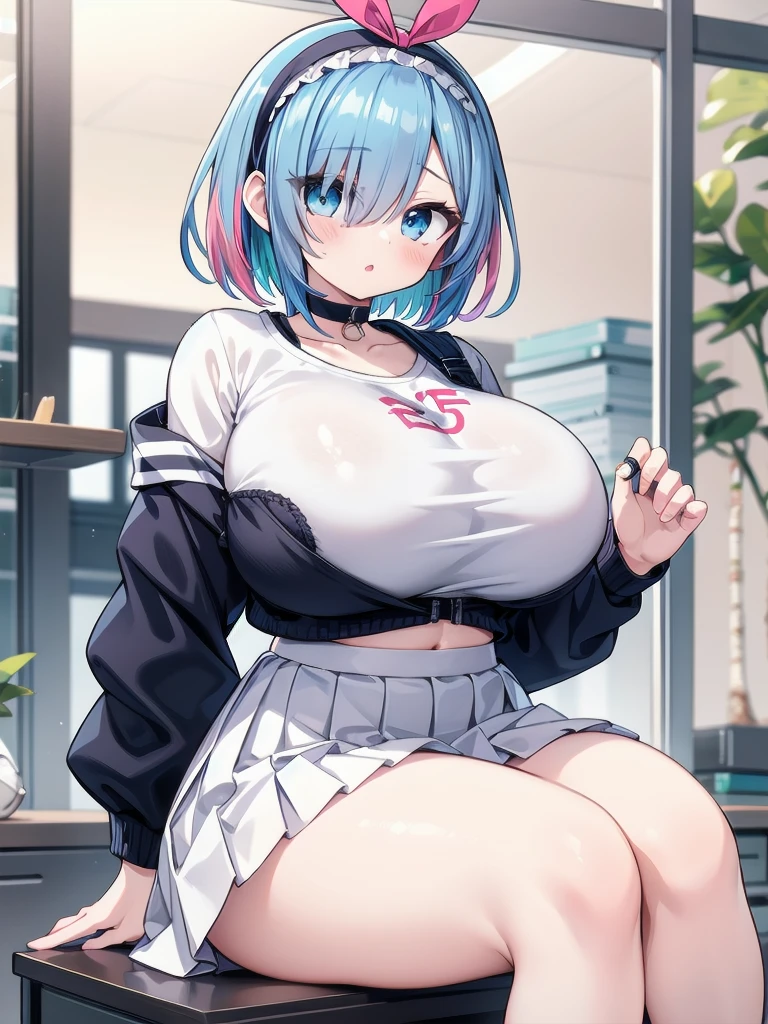 an anime type of girl with giant breasts sitting on top of file cabinets, 1girl, skirt, white skirt, solo, gigantic breasts, blue eyes, hair over one eye, blue hair, choker, long sleeves, pleated skirt, shirt, hairband, white hairband, multicolored hair, crop top overhang, looking at viewer, alternate breast size, pink hair, indoors, , thighs, white shirt, short hair