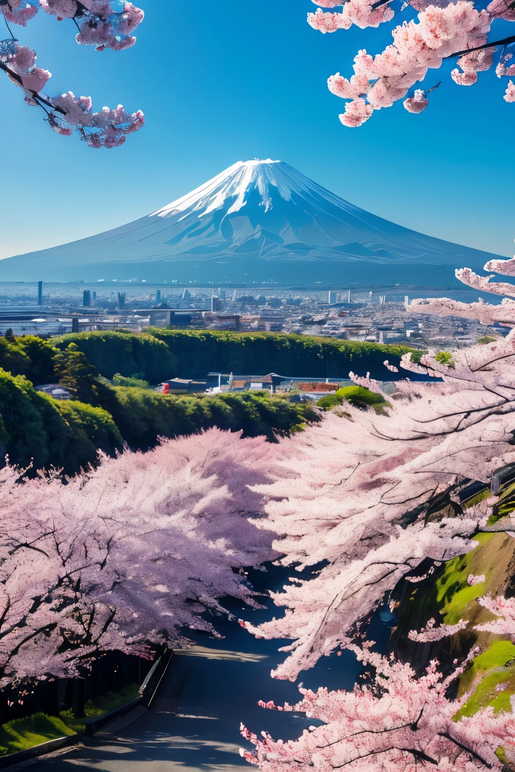 1. Mt. Fuji and Cherry Blossoms:
• “Create a 9:16 vertically oriented, photo-realistic image of Mount Fuji with cherry blossoms in full bloom in the foreground. The scene should capture the clear blue sky and falling cherry petals to enhance the natural beauty.”