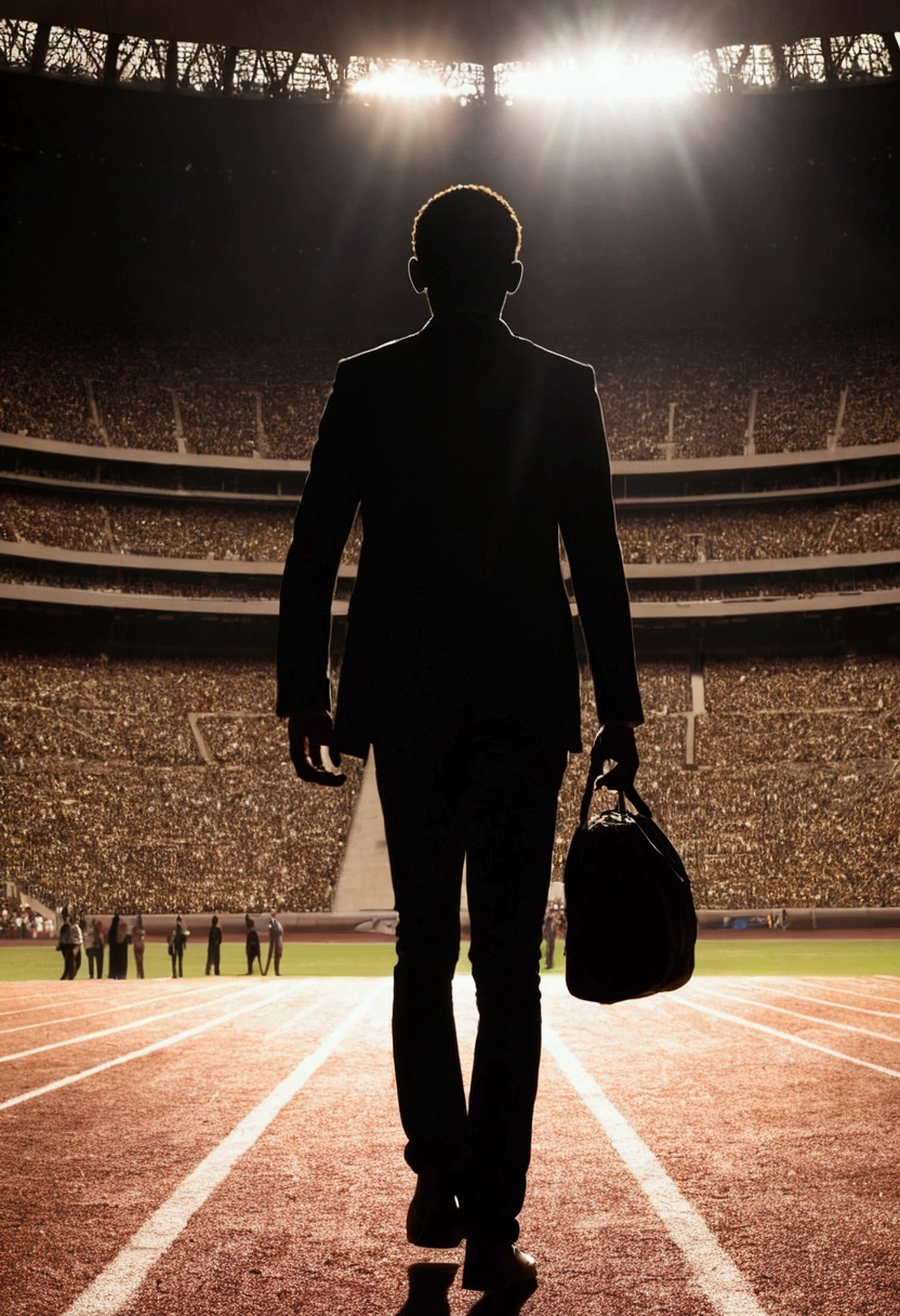 silhouette of a young man, entering a stadium of thisness