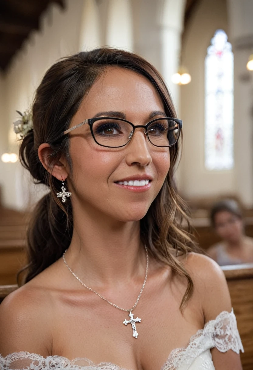Lauren Boebert, portrait shot, 35 year old woman, small and dainty Christian cross necklace, glasses, brown eyes, beautiful hair, slightly wrinkled skin, wedding dress, lace, off shoulder, cleavage, sitting in church pew, bokeh,f1.4,40mm,photorealistic,raw,8k,skin pores,dried-up,textured skin,intricate details,dramatic light,award winning,style by Dan Winters,RAW photography,film grain,(indistinguishable from reality:1.4),photo taken with a Bolex H16,captivating eyes,smiling,charming,striking features,character,thorough,