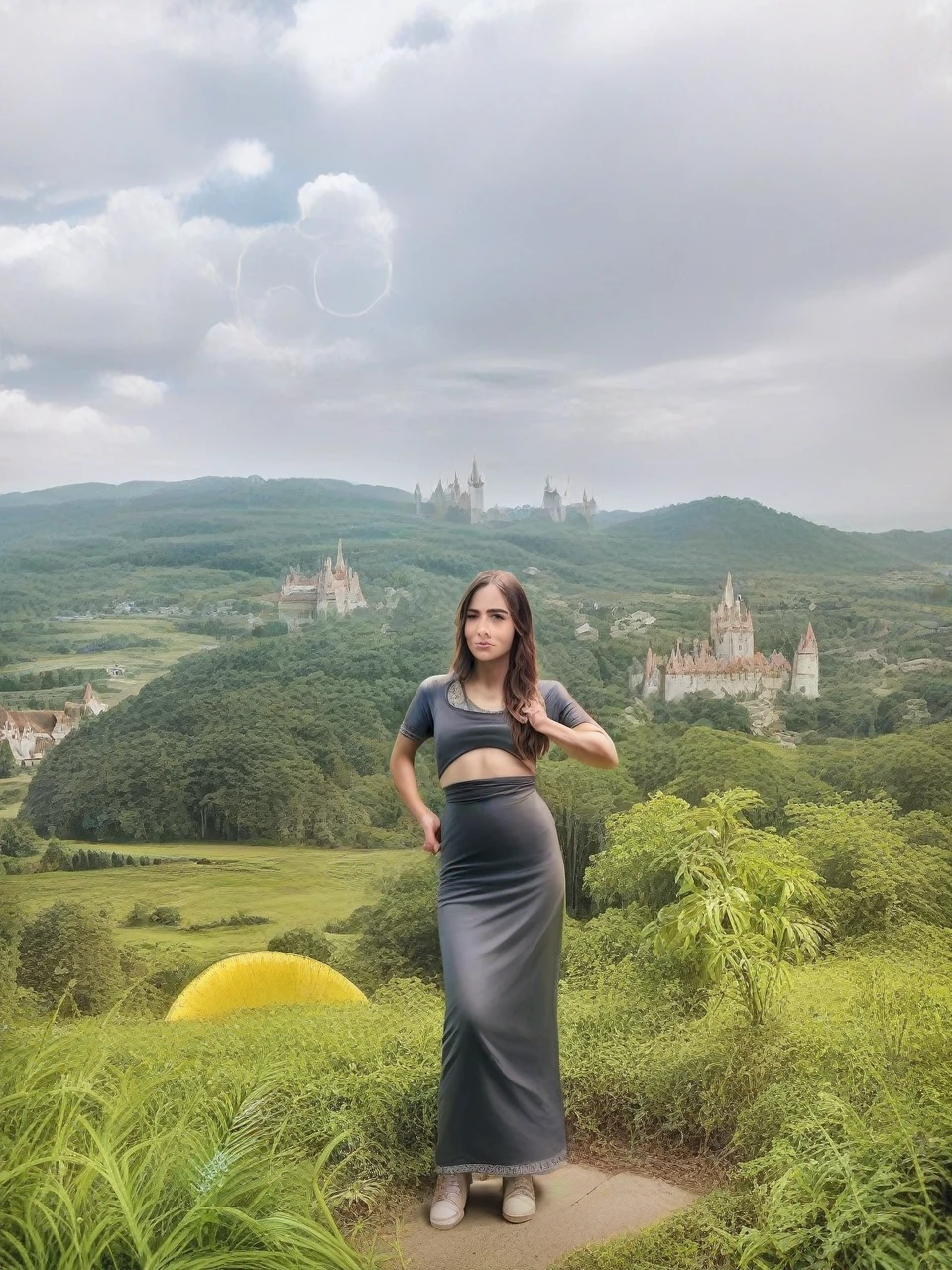 a lush, verdant castle in the background, fantasy medieval castle, detailed architecture, towers and turrets, surrounded by dense forest, sunlight filtering through the trees, vibrant green foliage, tranquil lake, reflections on the water, beautiful detailed sky with clouds, warm golden hour lighting, (best quality,4k,8k,highres,masterpiece:1.2),ultra-detailed,(realistic,photorealistic,photo-realistic:1.37),landscape,dramatic,cinematic keep the face as it is