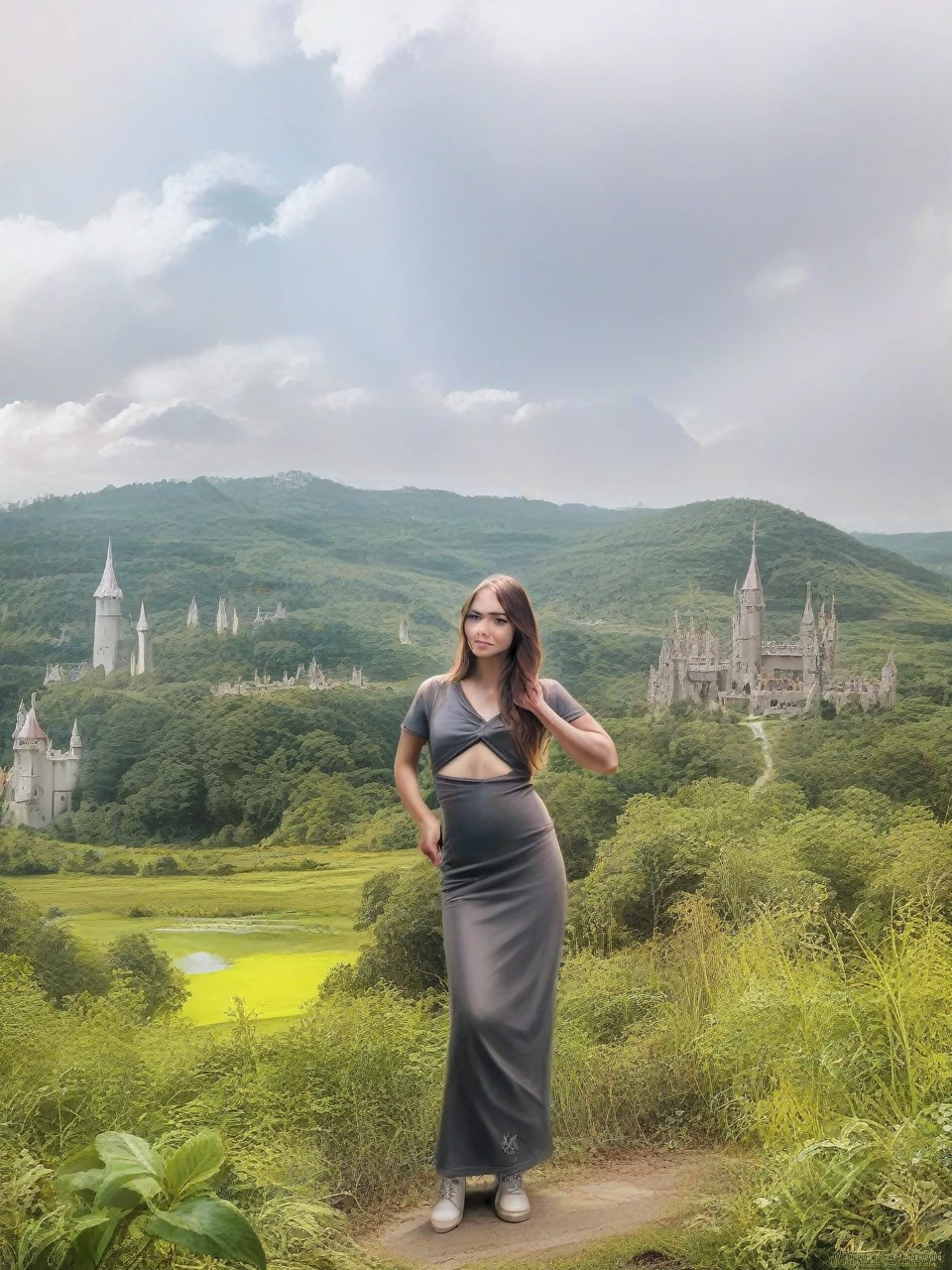 a lush, verdant castle in the background, fantasy medieval castle, detailed architecture, towers and turrets, surrounded by dense forest, sunlight filtering through the trees, vibrant green foliage, tranquil lake, reflections on the water, beautiful detailed sky with clouds, warm golden hour lighting, (best quality,4k,8k,highres,masterpiece:1.2),ultra-detailed,(realistic,photorealistic,photo-realistic:1.37),landscape,dramatic,cinematic keep the face as it is