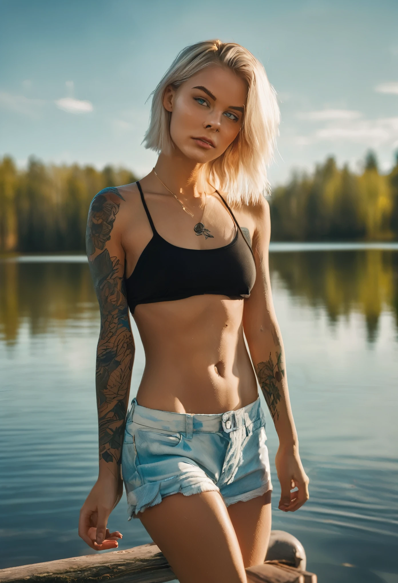 A Lithuanian-looking blonde girl with short, straight hair that reaches her shoulders stands on a grassy area by a beautiful blue lake. She has big greenish-blue eyes, a very fit body, thick lips, and very white teeth. Her medium-sized breasts and tanned skin are complemented by a tattoo on her ankle. She is wearing a very thin black bikini. The girl stands sideways, clearly showcasing her fit physique. In the lake, far in the distance, a wooden boat painted in the colors of the Lithuanian flag can be seen floating. The scene is set under a clear blue sky, with the serene lake reflecting the sunlight, creating a picturesque and tranquil atmosphere.