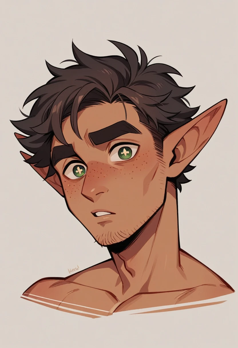 A young male elf of 16 years old with a mesomorphic build possesses olive skin and medium-length chestnut hair styled in an ordinary fashion. His square face is framed by wide, arched eyebrows and deep-set, almond-shaped eyes, giving him an intense, focused expression. He has full lips and a prominent, large Roman nose, complemented by a light stubble that hints at his maturity. Despite his youth, his appearance is marked by a few freckles, adding a touch of character to his rugged visage.