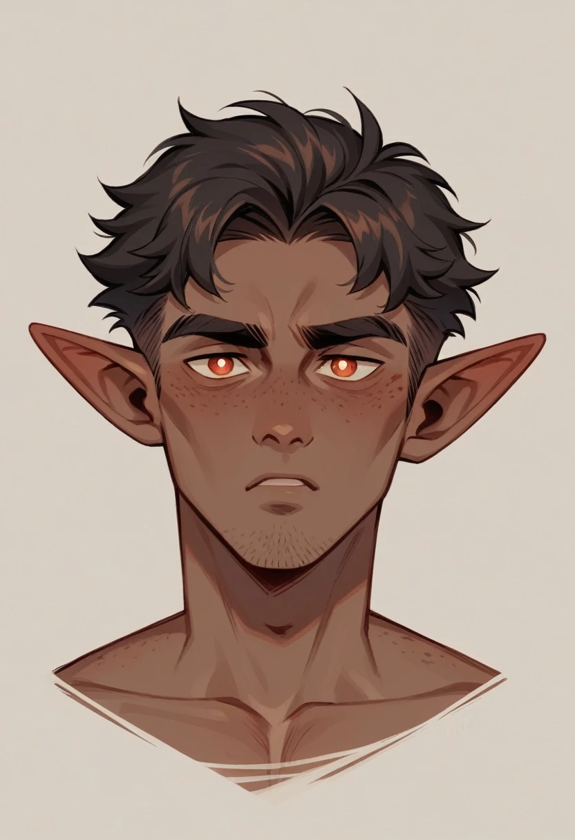 A young male elf of with a mesomorphic build possesses olive skin and medium-length chestnut hair styled in an ordinary fashion. His square face is framed by wide, arched eyebrows and deep-set, almond-shaped eyes, giving him an intense, focused expression. He has full lips and a prominent, large Roman nose, complemented by a light stubble that hints at his maturity. Despite his youth, his appearance is marked by a few freckles, adding a touch of character to his rugged visage.