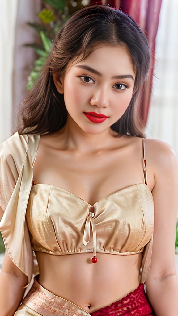 instagram photo, closeup face photo of 23 y.o Chloe in kebaya, Red Lipstick, sensual Lipstick, Sensational Make Up, cleavage, pale skin, (smile:0.4), hard shadows, White G-STRING, bright lighting