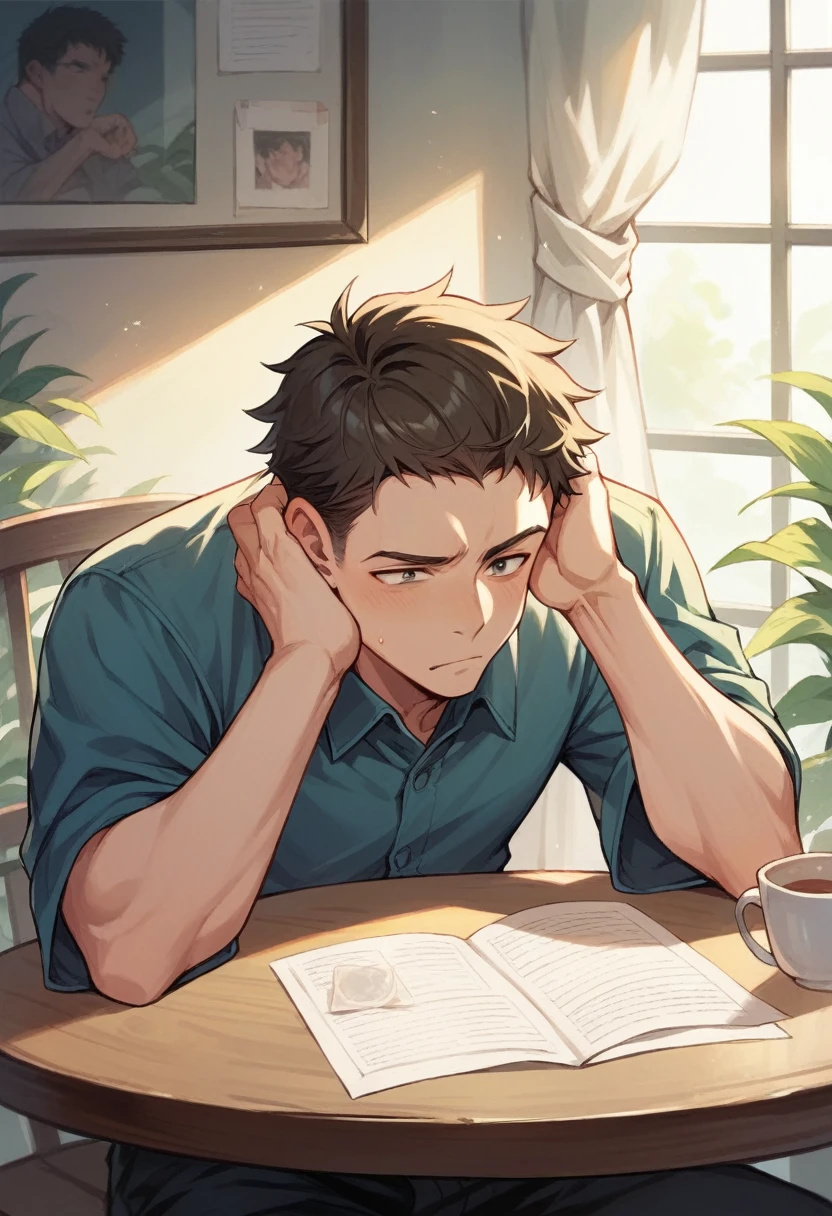 Anime boy with his hands on his face and his feet on the table
