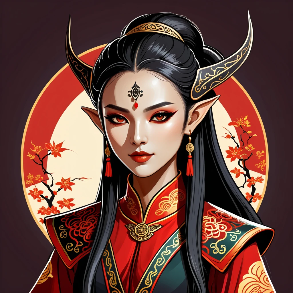 female dark elf in chinese folk outfit, vector graphics, strong contours, logo design