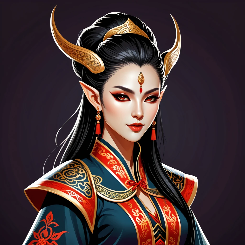 female dark elf in chinese folk outfit, vector graphics, strong contours, logo design
