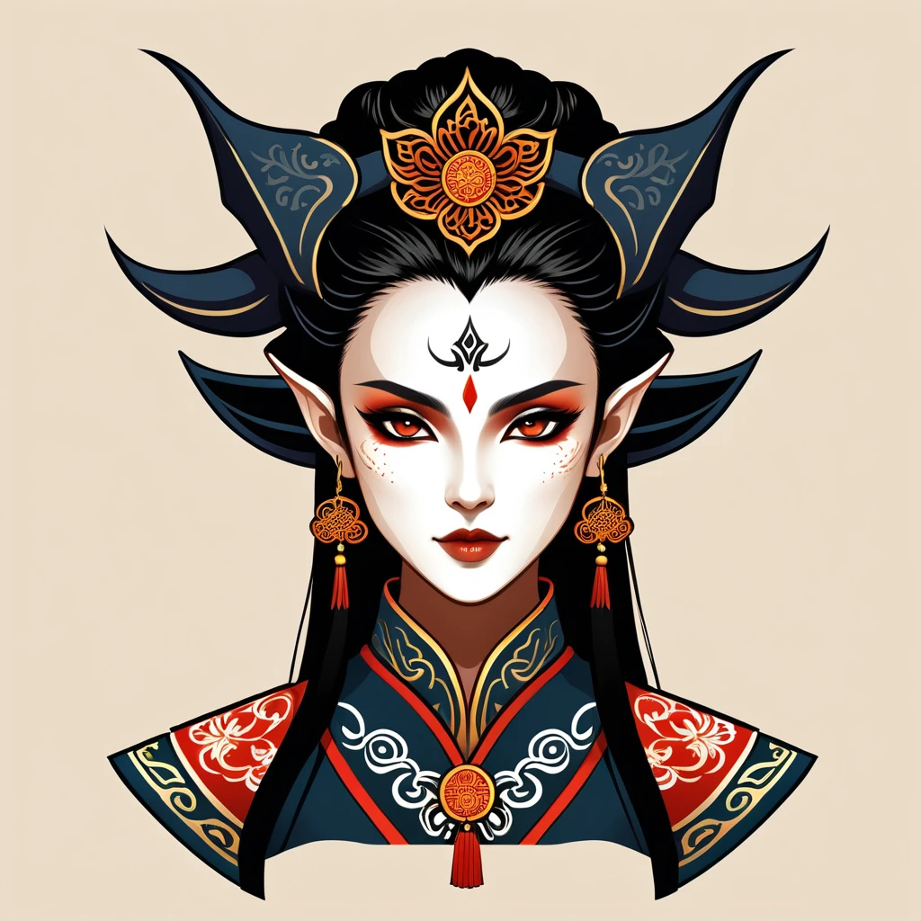 female dark elf in chinese folk outfit, vector graphics, strong contours, logo design
