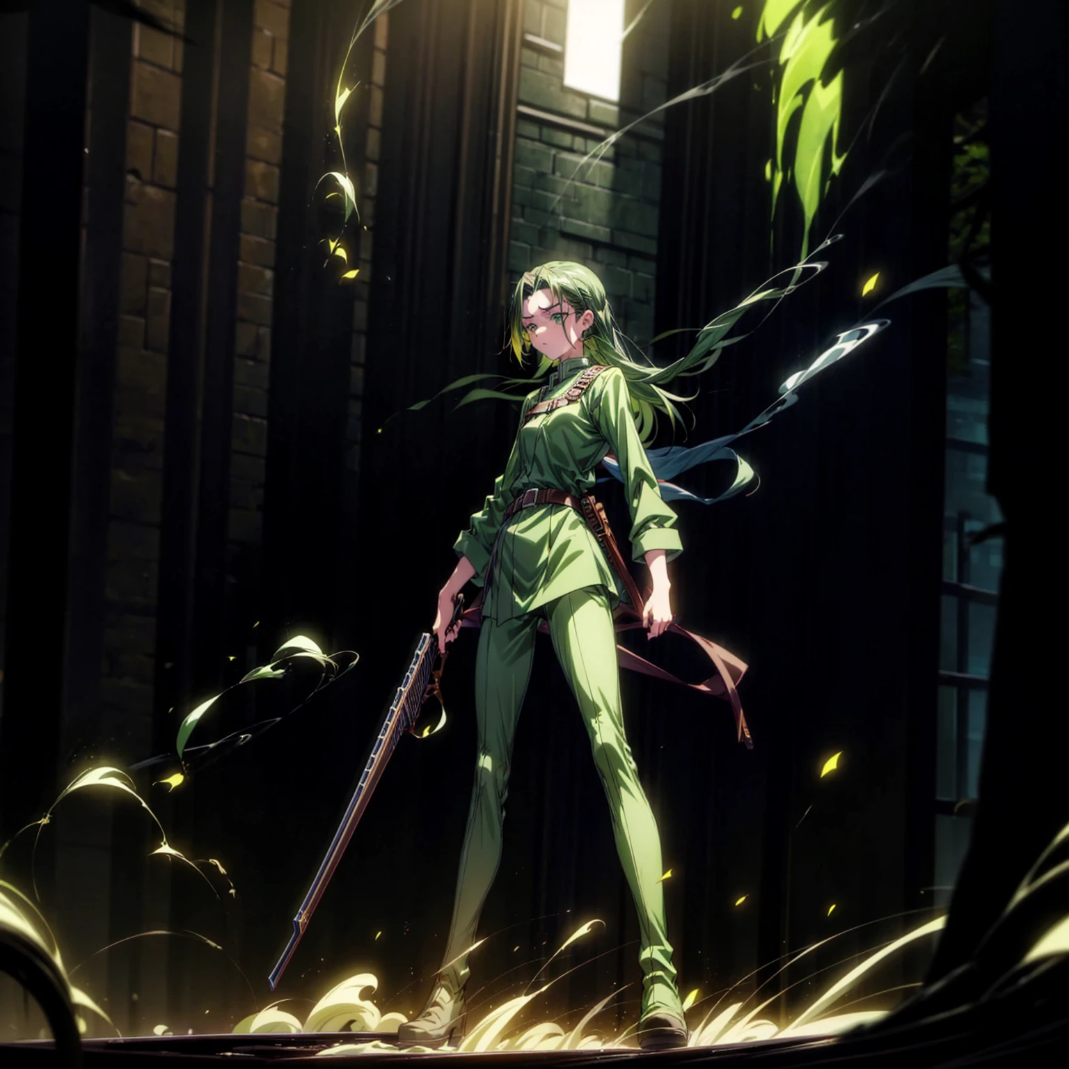 1girl, Full body version, 1character, green eyes, long haircut, green color hair, soldier style clothing, black color clothing, brown boots, Grassroots, background in city street, motion blur, lighting, (detective conan style art), standing gesture, shotgun in hand, fire effect, smoke effect,