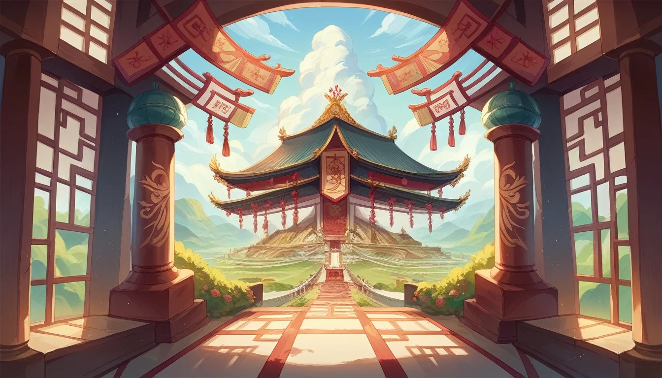 depict it realistically, In the magnificent hall of the Kediri palace, a beautiful princess, Dewi Songgo Langit, looks at the vast kingdom, her elegance reflects the eternal beauty of her time. background of past Asian kingdoms