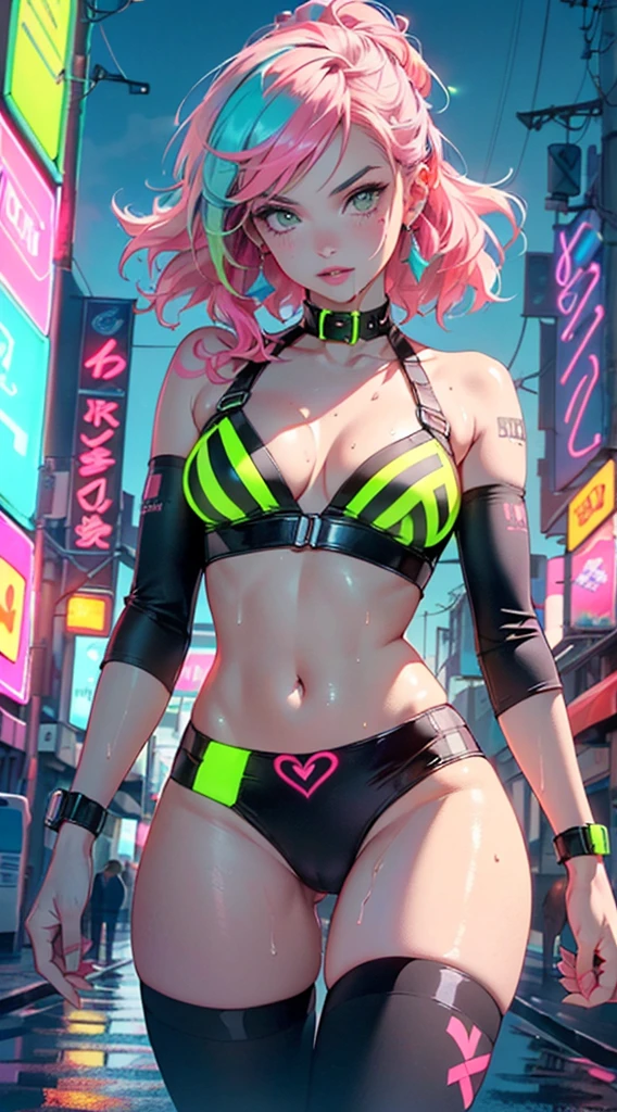 girl rave,(((1girl))),((girl with extremely cute and beautiful pink hair)),((asian features)),
(small breasts:1.4),perky breasts,cleavage,(((neon pink hair:1.35,wild hair,long hair:1.4,colored inner hair,ear breathing))),(((neon_green_eyes:1.3))),intricate eyes,beautiful detailed eyes,symmetrical eyes,slanted eyes:15,((fat)),((((lustrous skin:1.5,bright skin: 1.5,shiny skin,very shiny skin,shiny body,plastic glitter skin,exaggerated shiny skin,illuminated skin, wet legs))),(spider lower abdomen,narrow waist,wide hip,athletic body,inflated legs,detailed body,(detailed face)),
cute,slutty,seductive,erotic,(((nsfw))),
zettai ryouiki,revealing clothing,show skin,((rave shirt with an neon colors print,rave mini-short,visible thong straps)),(rave outfit:1.3,rave clothes,semi-naked,with little clothing),((neon tattoos:1.3)),((wet clothes,intricate outfit,intricate clothes)),
(dynamic pose:1.0),solo focus,embarrassed,(centered,scale to fit dimensions,Rule of thirds),
cyberpunk city by the ocean at night, with bright neon signs and dark stormy clouds and puddles, scenery:1.25,
artistic photography,(photography taken by sldr),highres, sharp focus, (ultra detailed, extremely detailed), (photorealistic artwork:1.37),(extremely detailed CG unity 8k wallpaper),((synthwave background theme)),(((vibrant colors))),(intricate background),(masterpiece),(best quality),