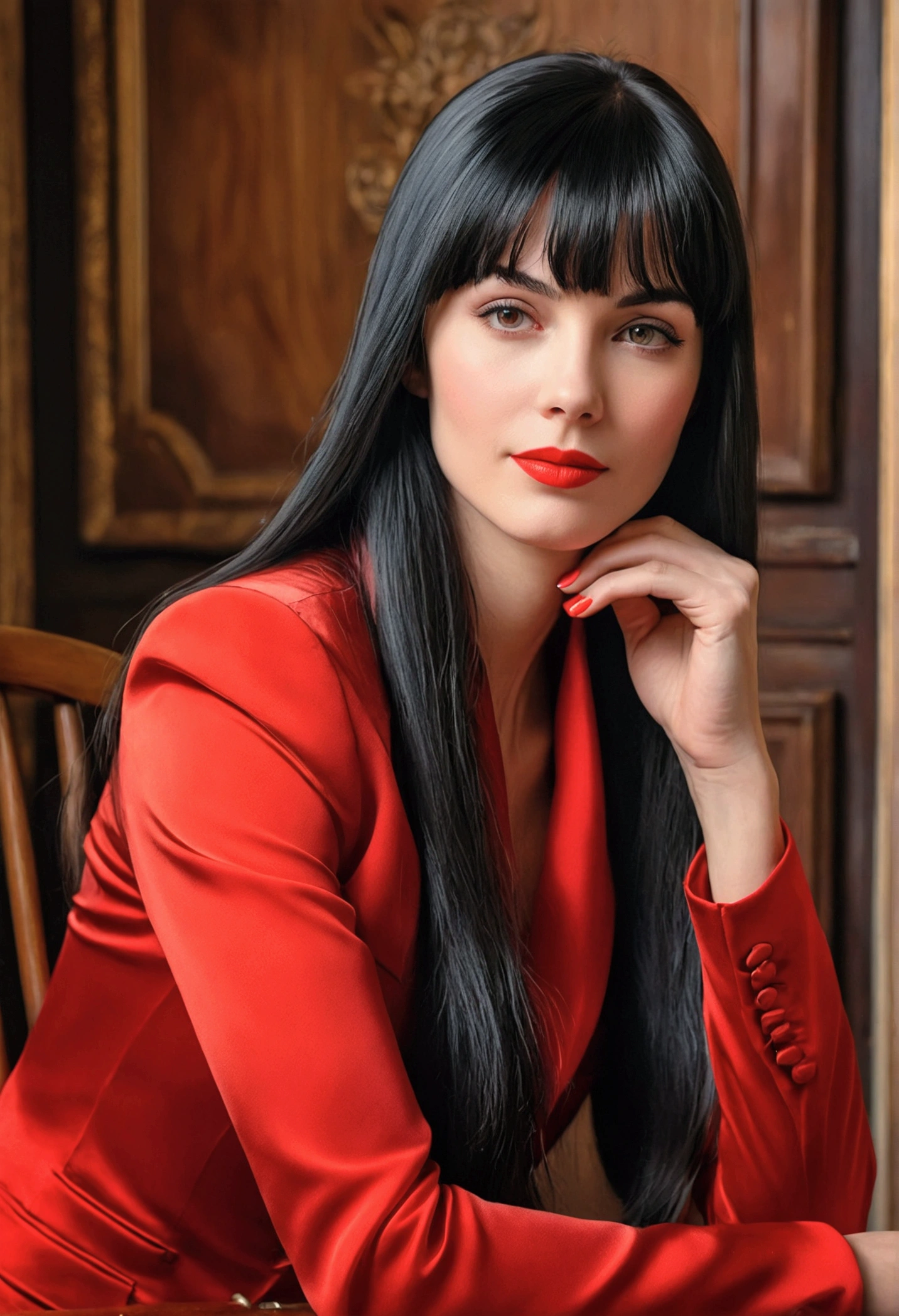 High-quality realistic acrylic art, vivid colors, lateral point of view, a beautiful vintage european woman with long black straight hair, bangs, looking at the viewer with suspicious face and a shy smile, red lips, she wear silk suit, soft gloves, sitting on a fancy wooden chair